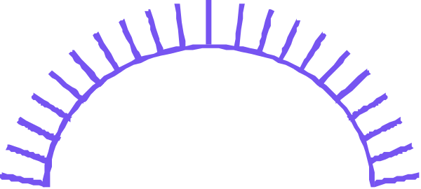 The image shows a purple arch with sunbeams emanating from it against a gray background.