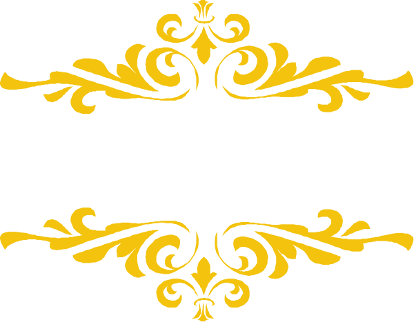 The image shows a black banner with gold decorative borders on either side featuring intricate designs resembling leaves and flowers against a white background.