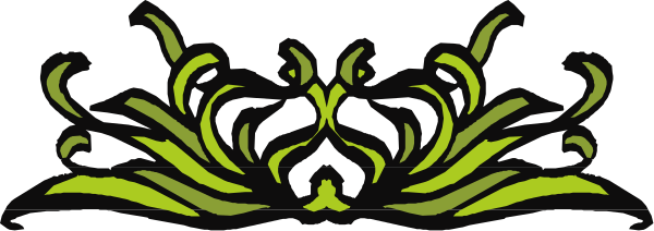 The image shows a black background with two white flowers on either side of an abstract design that resembles green leaves at the bottom center.