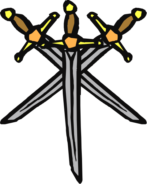 The image shows a stylized graphic of three swords crossed over each other with two handles visible at top; there is no background detail provided in this description.