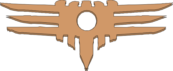 The image shows a stylized logo with an eagle's head on top of what appears to be a shield-like design featuring two crossed swords; there is also a circular emblem resembling a sun in between them, and below this central motif rests another smaller circle.