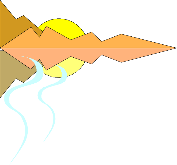 The image shows a black background with two suns on either side of what appears to be an abstract mountain range silhouetted against them in orange hues at different heights above each other; there is also one small, darker cloud-like shape between these mountains and below the lower sun.