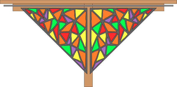 The image shows a colorful stained glass window with geometric shapes resembling an abstract design of triangles within it.