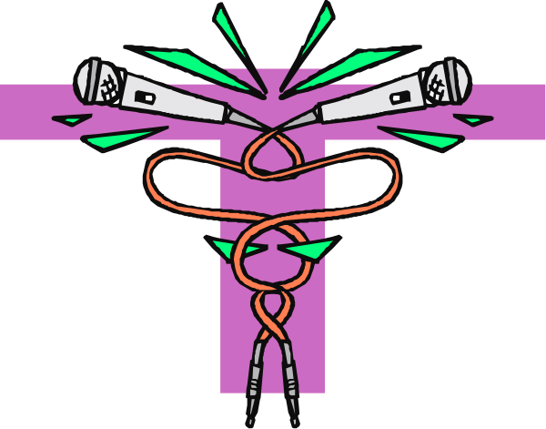 The image shows a cartoon of two microphones with crossed wires forming an X shape at their ends; there is also a small figure that appears to be tangled in these cords near them.