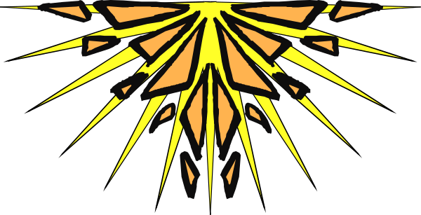 The image shows a stylized sunburst with rays emanating from it against an abstract background that resembles shattered glass pieces in various shapes like stars and triangles.