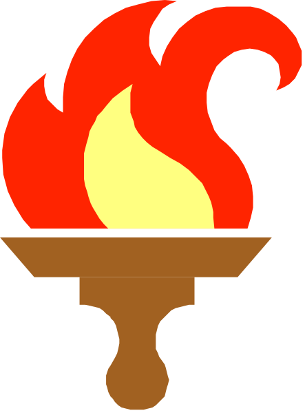 The image shows a stylized torch with flames on top of an Olympic rings symbol inside what appears to be a flame-like shape resembling a candle holder.