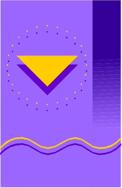 The image shows a purple background with abstract shapes resembling stars against it; there is also an orange triangle on top of this patterned backdrop.