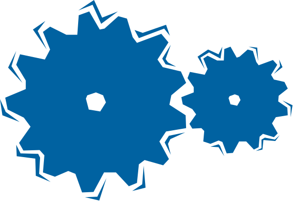The image shows three blue gears with a white background.