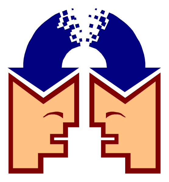 The image shows a stylized graphic of two human heads facing each other with an abstract design between them that resembles a brainstorming lightbulb shape in blue tones against a dark background; there is no text present, and it appears to be related to creativity or ideas due to the symbolic representation.