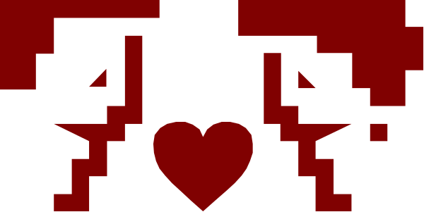 The image shows a red heart with pixelated details on it against an abstract background that appears to be black and white.