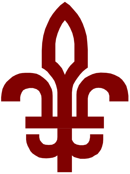 The image shows a red emblem with an outline of a shield containing three fleur de lis symbols inside it on a black background.