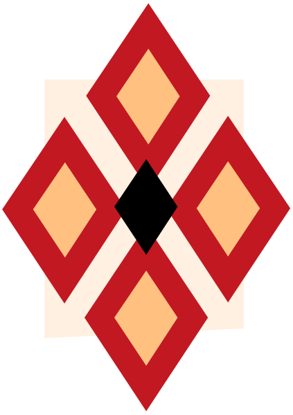 The image shows a stylized red diamond pattern with an intricate design inside it against a black background on the left side of the frame.