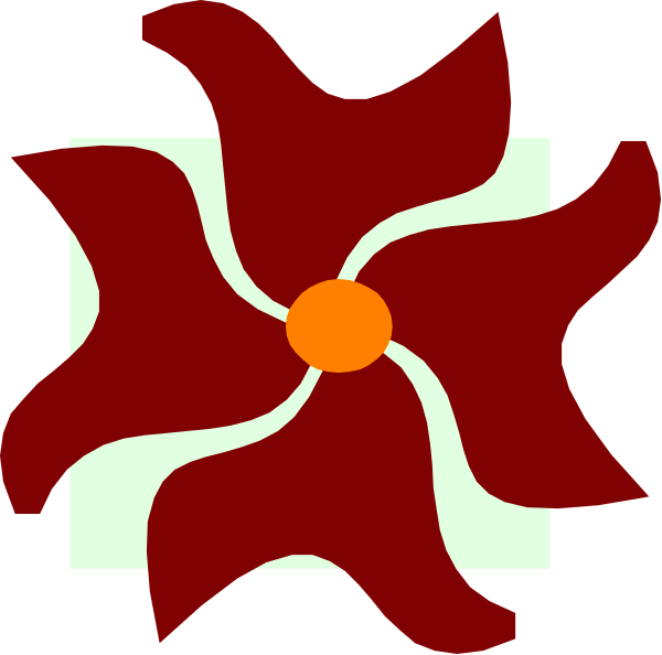 The image shows a stylized red flower with six petals arranged around an orange centerpiece on what appears to be a black background.