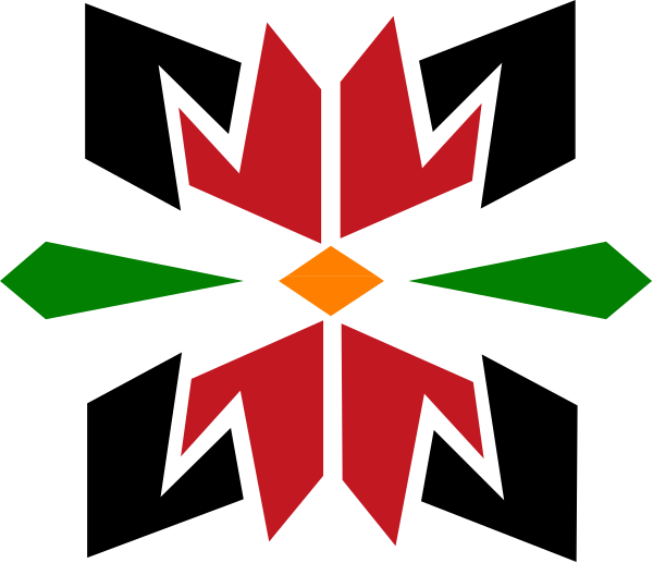 The image shows a stylized red maple leaf with green lines forming an abstract pattern around it against a black background.