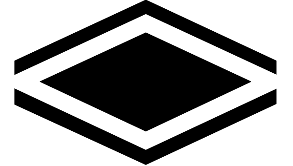 The image shows a black and white logo with an abstract design that includes geometric shapes resembling triangles within squares on either side of what appears to be a central diamond shape.