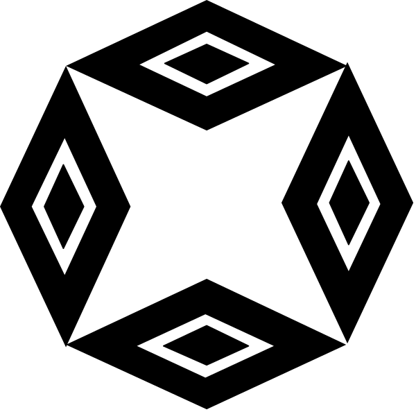 The image shows a black background with white geometric shapes forming an abstract design that includes diamond patterns within squares.