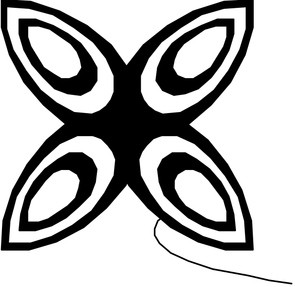 The image shows a black and white pattern with symmetrical designs that resemble stylized leaves or petals arranged around an abstract centerpiece featuring multiple shapes within it.