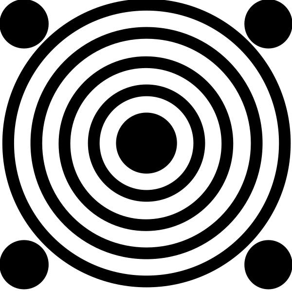 The image shows a black and white circular pattern with concentric circles creating an optical illusion of depth.