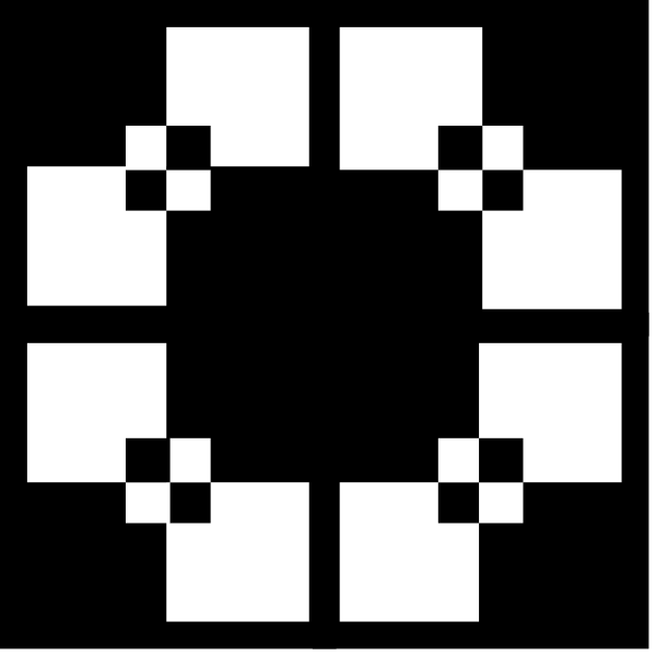 The image shows a pixelated representation of an abstract design with geometric shapes resembling circles within squares forming what appears to be a stylized flower-like pattern in white against a dark background; there is no text present, and it's not clear if this represents anything specific or symbolic.