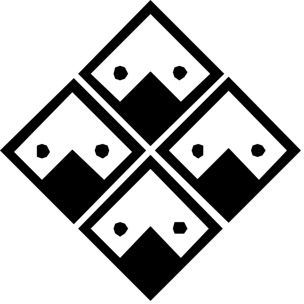 The image shows a black and white icon with six stylized shapes resembling snowflakes arranged around each other in two rows of three on top of one another against a dark background.