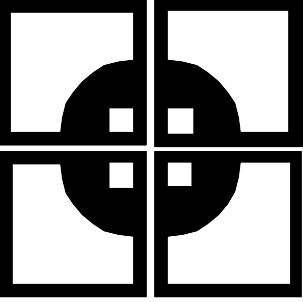 The image shows a black and white graphic with geometric shapes resembling an abstract design that could be interpreted as stylized furniture pieces arranged in a grid pattern within squares on what appears to be a larger square background, possibly representing tiles of flooring material or some other form of modularity.