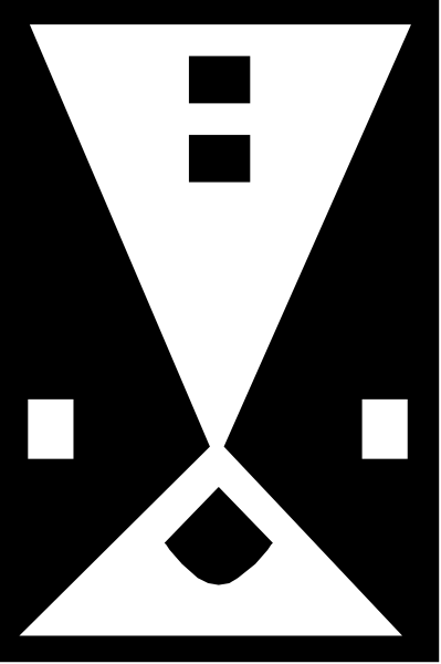 The image shows a black and white logo with an abstract design that includes geometric shapes resembling squares within rectangles forming what appears to be stylized lettering or symbols on top of each other against a dark background, possibly representing some form of brand identity or emblematic mark for a company.