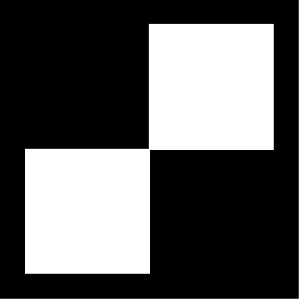 The image shows a black checkerboard pattern with four white squares arranged diagonally from each other against a dark background.