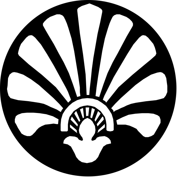 The image shows a stylized sunburst design with rays emanating from an inner circle to form petals around it; atop this central motif is what appears to be a crested helmet, suggesting a theme of strength and protection.