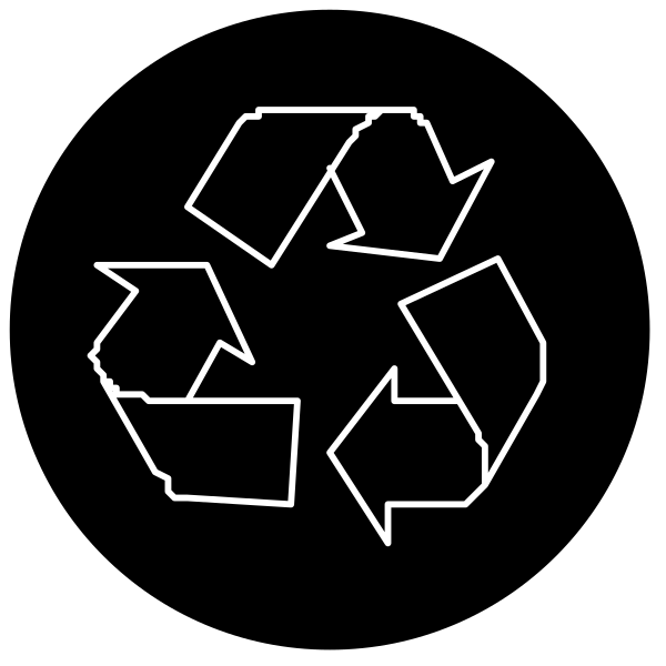 The black and white silhouette of a recycling symbol with three arrows forming an interconnected loop around it on a dark background.