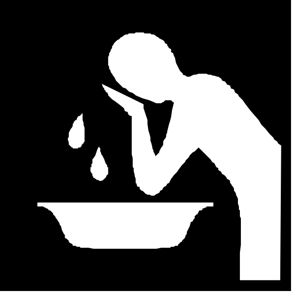 The black and white icon depicts a person washing their hands at a sink with soap dispensed from above into both of their open palms.