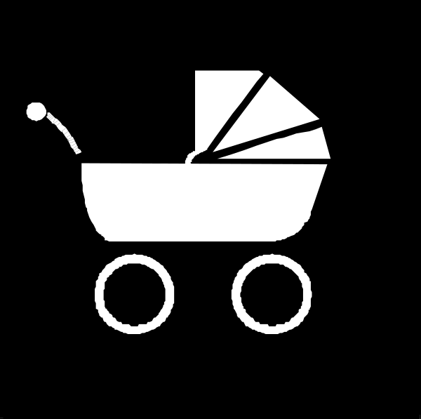 The black and white icon features a stroller with an umbrella attached to it on top of wheels.