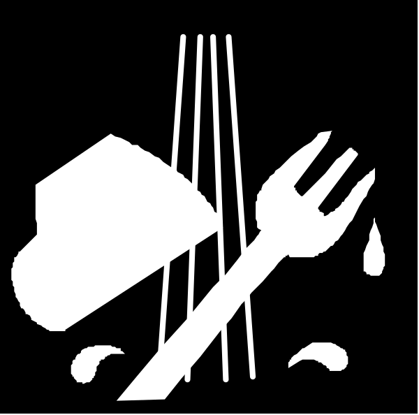 The black and white silhouette of a kitchen scene with utensils like spoons, forks, knives, bowls, bottles, an oven, broccoli florets, carrots, eggs in carton, cake slices on plate, pizza slice, sandwich halves, hot dog bun, hamburger patty and cheese.