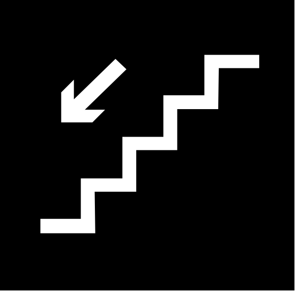 The image shows a simple black and white line drawing of an arrow pointing upwards next to stairs with two steps visible on what appears to be a dark background.