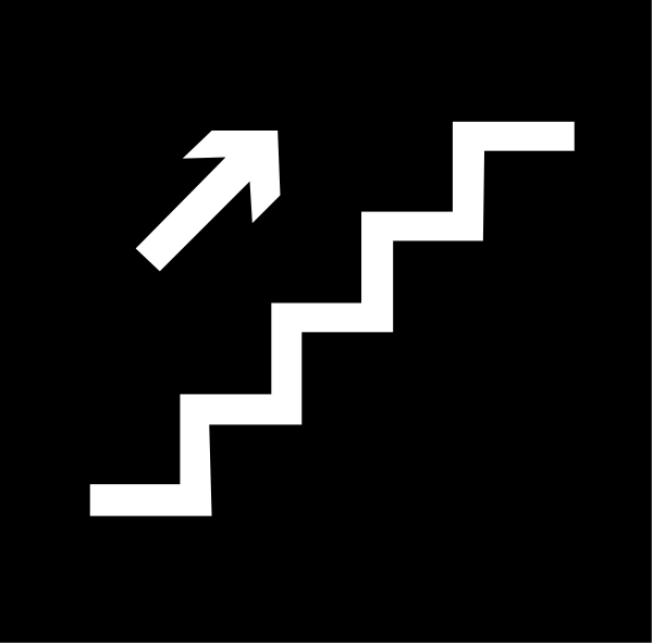 The black and white image shows a simple line drawing of an arrow pointing upwards on what appears to be stairs with two steps visible in front of it against a dark background.