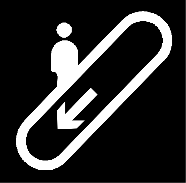 The image shows a black icon with white outline depicting an arrow pointing downward to indicate that there is more content below it; however, no additional information about what lies beneath can be discerned from this viewpoint.