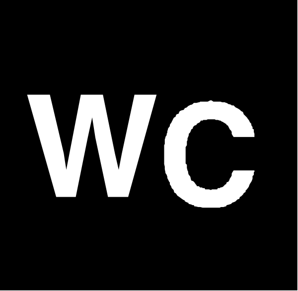 The image shows a black background with white text that reads "wc" on it.