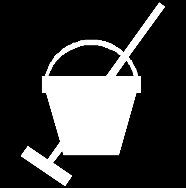 The black and white icon shows a bucket with an ice cream scoop inside it next to a trash can symbolizing recycling.
