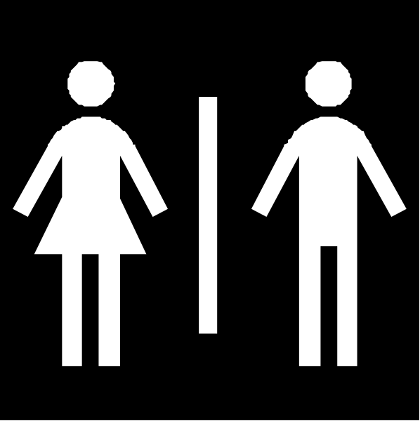 The black and white icon shows a restroom sign with silhouettes of three figures: two standing next to each other in front of it (likely representing men) and one above them on top right corner (representing women).
