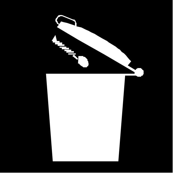 The black and white icon shows a trash can with an object that resembles a toothbrush inside it being flushed away by water from above.