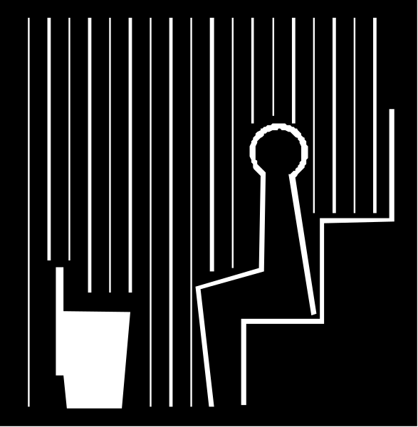 The black and white illustration shows a person sitting on stairs with their back to us; there is also an object that resembles a cup in front of them at bottom right corner.