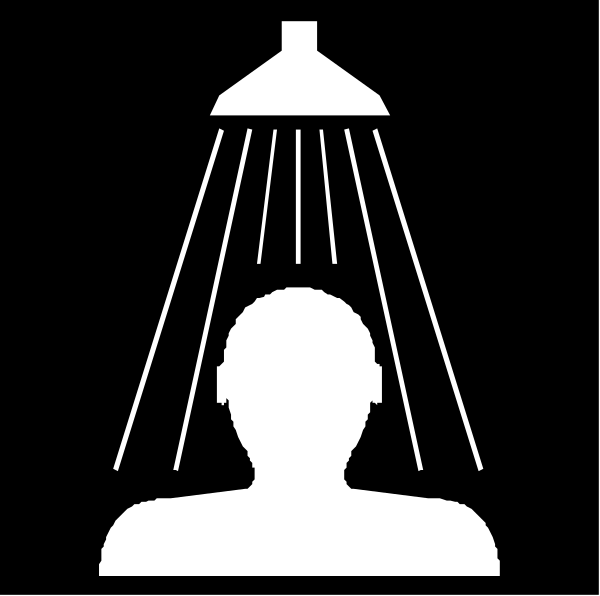 The black and white silhouette of a person standing under an overhead showerhead with water droplets falling around them.