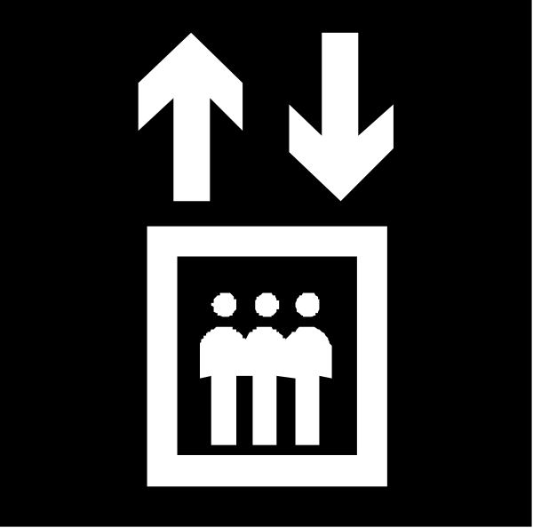 The image shows a black icon with white text that includes an arrow pointing upwards to indicate directionality, two figures standing side by side in silhouette form within what appears to be a box-like shape on top of each other, and below them is another figure also depicted as a simple line drawing.