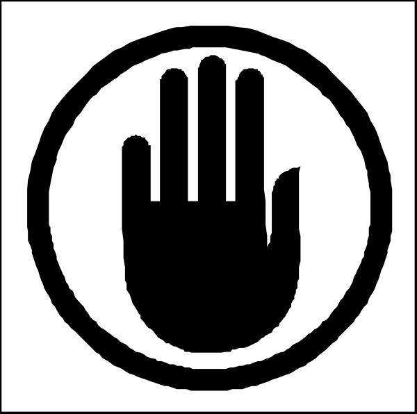 The image displays a black and white icon of an open hand with five fingers against a circular background that resembles a shield shape; there is no text present in this clip-art illustration.