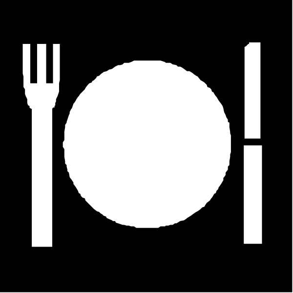 The black and white icon features a fork on its left side with two tines pointing upwards towards each other forming an inverted V shape atop what appears to be a plate; next to it is a knife, also depicted as if resting upon another object or surface that isn't fully visible. To the right of these utensils are three vertical lines representing food items: from left to right there seems to be bread (or possibly pastry), meat with grill marks indicating cooking method and temperature, followed by what could either be a piece of fish or some other type of protein-