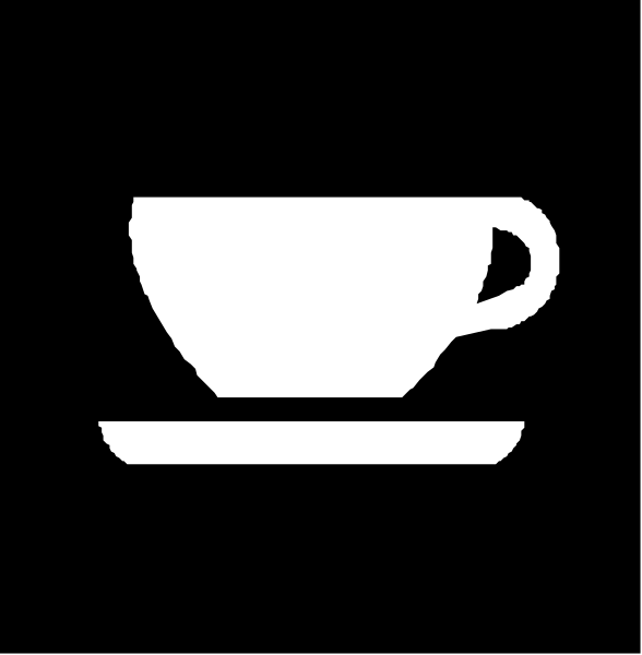 The image shows a black coffee cup icon on top of two white saucers with handles facing outward to represent cups of tea or coffee.