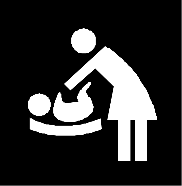 The black and white icon shows a woman holding an infant while standing next to what appears to be a baby bath tub with water in it; she is pouring something from one container into another using her right hand, which holds a bottle of liquid soap.