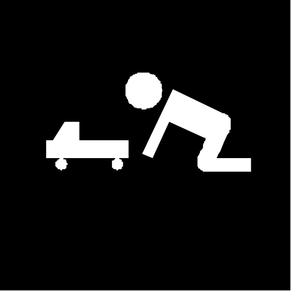 The black and white icon depicts a person pushing an object that resembles a car with wheels on it while another figure is riding atop of this wheeled item.