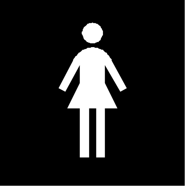 The image shows a black silhouette of a woman's figure with an arrow pointing to it from above on what appears to be a sign indicating that this is where women should go for restroom facilities in public spaces, such as restaurants and malls.