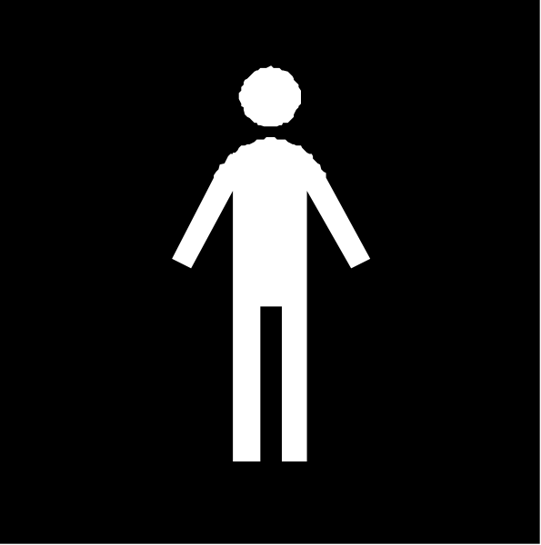 The image shows a black silhouette of an adult male figure standing next to a sign with white text that reads "MEN".