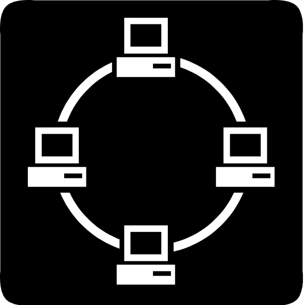 The image shows a black circle with four white laptop computers connected to each other by lines forming an interconnected network within it.